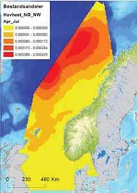 Figur D - 8 Fordeling av havhest (Fulmarus glacialis) i Nordsjøen og Norskehavet, i sommer (april-juli), høst (august-november) og vintersesongen (november-mars), basert på modellerte data (Seapop,