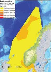 Figur D - 14 Fordeling av polarmåke (Larus hyperboreus) i Nordsjøen og Norskehavet, i sommer (apriljuli),