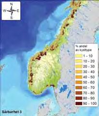 Figur D - 20: Andel (%) av strandtype med sårbarhet 1, 2 eller 3 (3 indikerer høyest sårbarhet, og 1 indikerer lavest sårbarhet) per 10 10 km rute langs kysten av Norge.