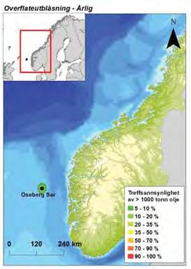 Figur 3-3 Sannsynligheten for treff av oljemengder; 1-100 tonn, 100-500 tonn, 500-1000 tonn eller > 1000 tonn i 10 10 km sjøruter gitt en overflateutblåsning fra Oseberg Sør feltet og basert på