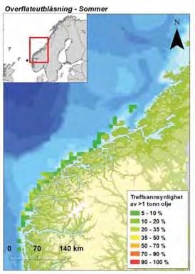 Figur 3-6 Sannsynligheten for treff av mer enn 1 tonn olje i 10 10 km kystruter gitt en overflateutblåsning fra Oseberg Sør feltet i hver sesong.