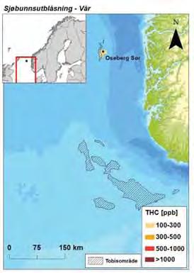 Figur 3-8 Beregnet gjennomsnittlige THC konsentrasjoner ( 100 ppb) i 10 10 km sjøruter gitt en sjøbunnsutblåsning fra Oseberg Sør feltet i hver sesong.