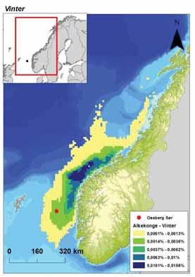 Figur 6-3 Fokusområder for lunde (sommer og høst) og alkekonge (vår og vinter) etter utblåsning fra Oseberg Sør feltet.