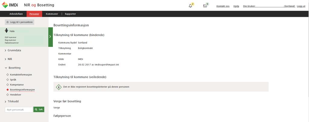 Bosettingsinformasjon Under Bosettingsinformasjon på den enkelte person vil du også finne mer detaljerte opplysninger som er relevant for kommunens videre arbeid for å bosette personen.