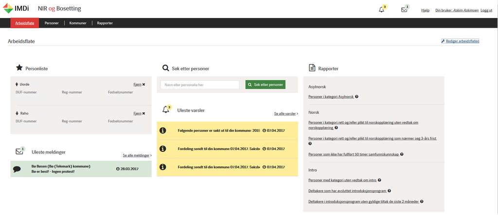 ARBEIDSFLATE Når du har logget deg inn i IMDinett som kommunebruker, kommer du til arbeidsflaten din. Her får du enkel tilgang til sentrale funksjoner i IMDinett.