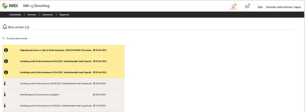 Varsler Ved å klikke på varselikonet vil du se alle varsler som sendes til deg.