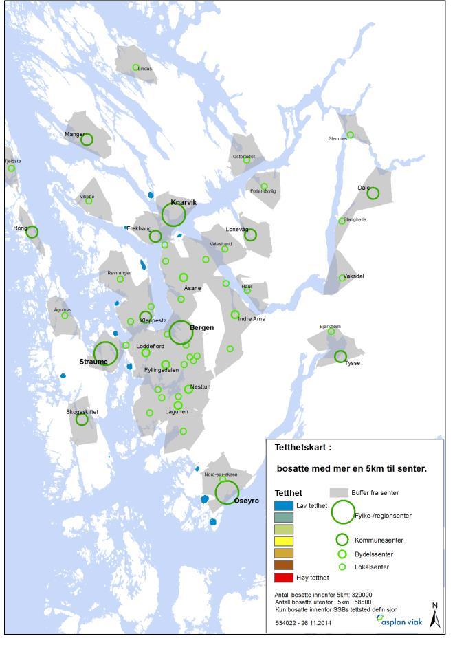 Regional areal- og transportplan for Bergensområdet Høyringsforslag Juni 2015 Figur 4. Busetnad med meir enn 5 km (kart til venstre) eller 2 km frå næraste senter (kart til høgre).