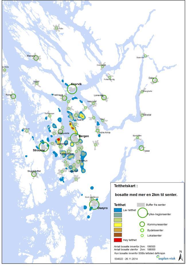 For å leggje til rette for nærleik til service og funksjonar slik at daglege behov kan nåast ved hjelp av sykkel og gange, bør det ikkje vere meir enn 2km frå større busetnader til næraste senter.