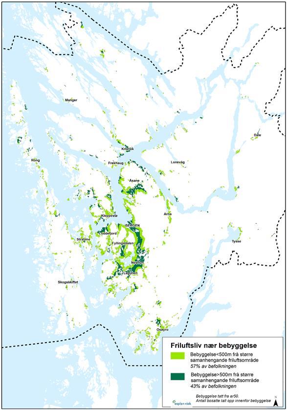 Regional areal- og transportplan for Bergensområdet Høyringsforslag Juni 2015 Figur 27: Tilgang til større friluftsområde i bebygde område. Asplan Viak.