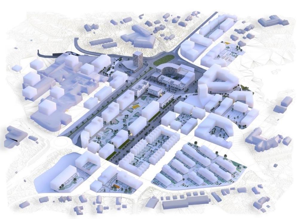 Figur 3.Knarvik sentrum med planlagt tettleik 14 personar per daa. Illustrasjon Asplan Viak as. Figur 4.Flyfoto over Knarvik. Kjelde: bing.