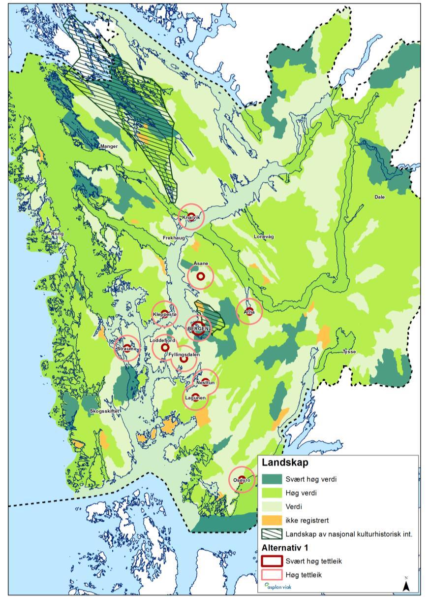 3.1.1 Strategi 1 Hovudvekst i fylkessenter / regionssenter Landskap i strategi 1, vekst i fylkes-, bydels- og regionsenter Overordna landskap: Med unntak av Bergen er alle regionsentra lokaliserte i