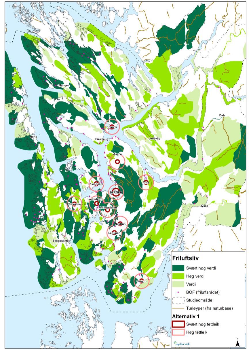 Friluftsliv i strategi 1, vekst i fylkes-, bydels- og regionsenter Landskap og topografi i Bergensregionen gjer at ein sjeldan er langt frå sjø eller fjell og utmark.