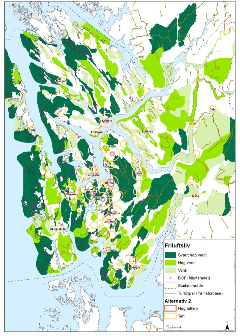 Friluftsliv i strategi 2, vekst i alle senter: Alle regionsentra vil med høg tettleik i ein radius på 2 km kome i direkte konfliktar større by- og tettstadnære friluftsområde.