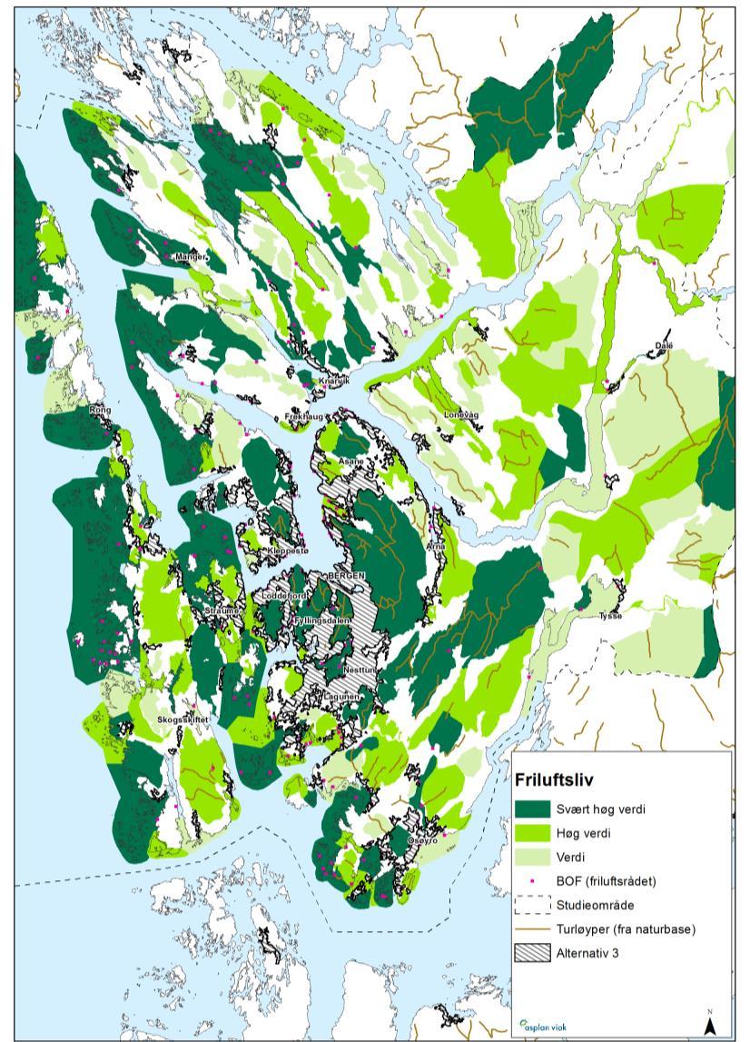 Friluftsliv i strategi 3, vekst i eksisterande byggjesone Strategien er i hovudsak lik strategi 1 og 2 når det gjeld dei store, regionale friluftsområda.