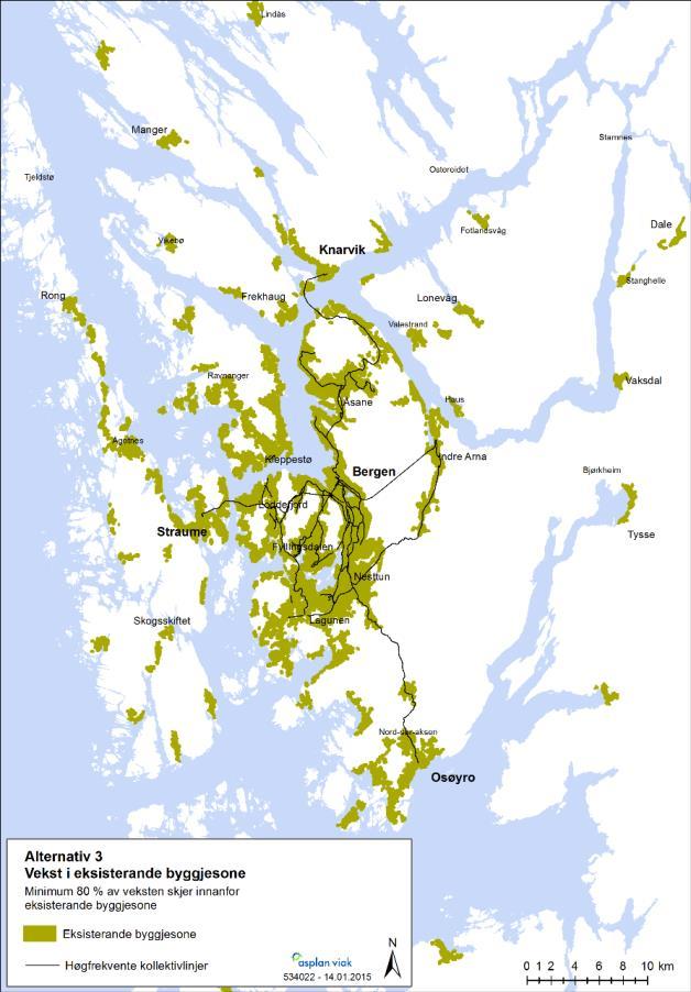 Transport i strategi 3, vekst i eksisterande byggjesone Denne utbyggingsstrategien har ingen retningslinjer om kvar det bør byggjast tett.