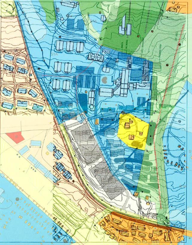 7 Antatte problemstillinger og utredningsbehov Figur 6-3 Illustrasjon av mulig utbygging satt sammen med arealbrukskartet for kommunedelplan for Skei. 7 Antatte problemstillinger og utredningsbehov 7.