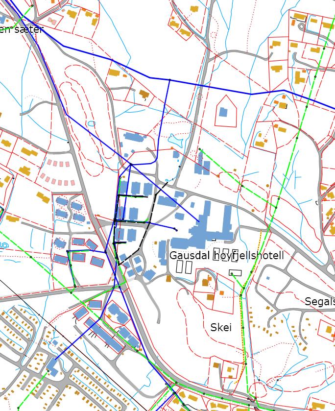 7 Antatte problemstillinger og utredningsbehov Figur 7-2: Utsnitt av ledningskart for planområdet. Kommunale vannledninger er markert med blå strek og spillvannsledninger er markert med grønn strek.