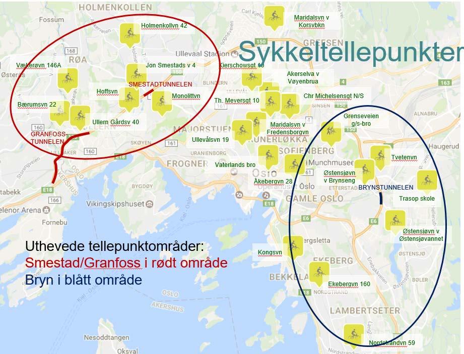 6 tabell 5. Figuren viser de kommunale sykkeltellepunktene. Figur 10: Tellepunkter for sykkeltrafikk. Basert på http://www.eco-public.com/parcpublic/?