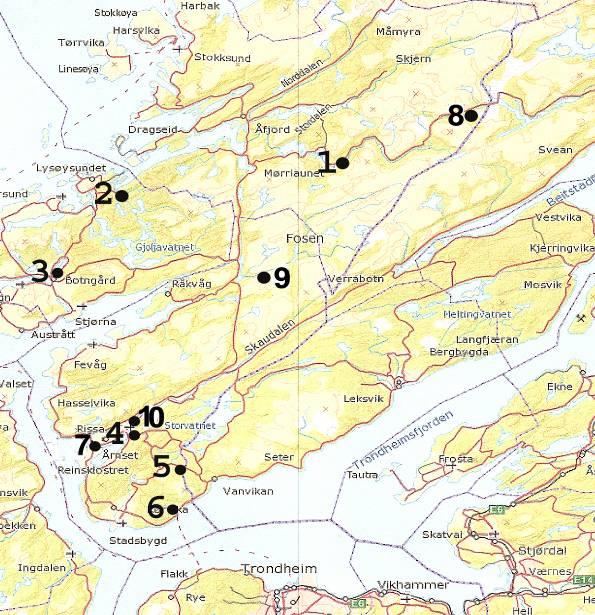 Figur 2. Geografisk plassering av vassdrag med elvemusling på Fosenhalvøya (1-7) og vassdrag uten musling (8-10). * I Skauga er det påvist musling tidligere i nedre del (Dolmen 2009).