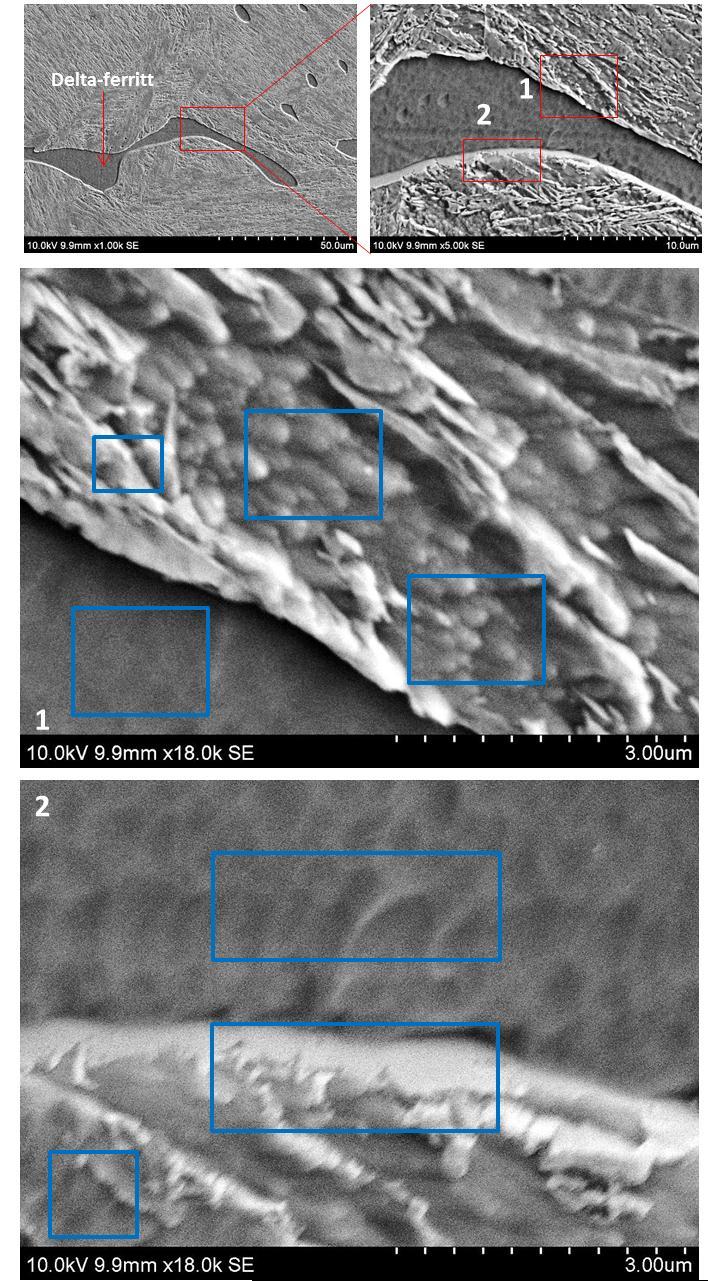 Figur 4.7: SEM-mikrografier av en dobbelt anløpt prøve ved 530 C. Figuren viser grensesjiktet mellom ferritt- og martensittfasen.