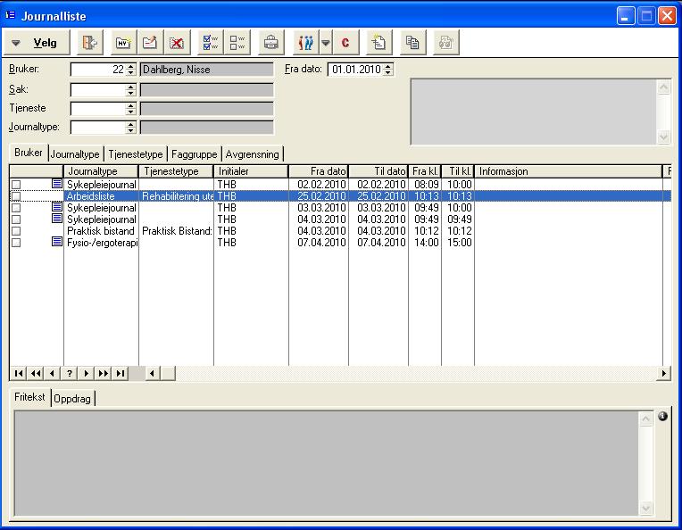 2 Oversiktsbilde journalliste Start med å klikke på journalknappen i knapperaden. Du får da en oversikt over de journalnotatene som er knyttet til brukeren for en gitt tidsperiode.