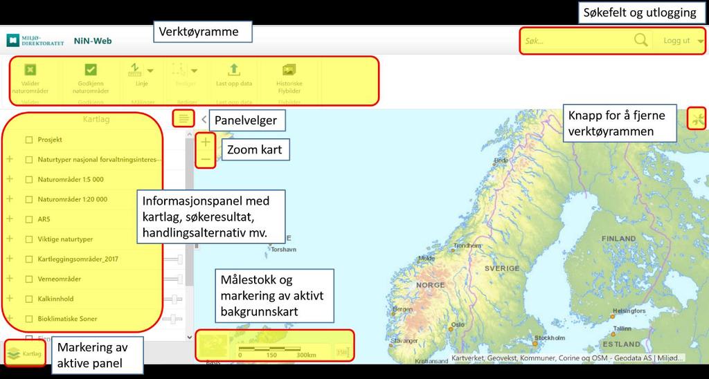 3.2 Oversikt over NiNapp web NiNapp web videreføres på Geocortex plattform. I 2017 spisses denne applikasjonen mot forarbeid og etterarbeid, og redigeringsarbeidet skjer primært i feltapplikasjonen.