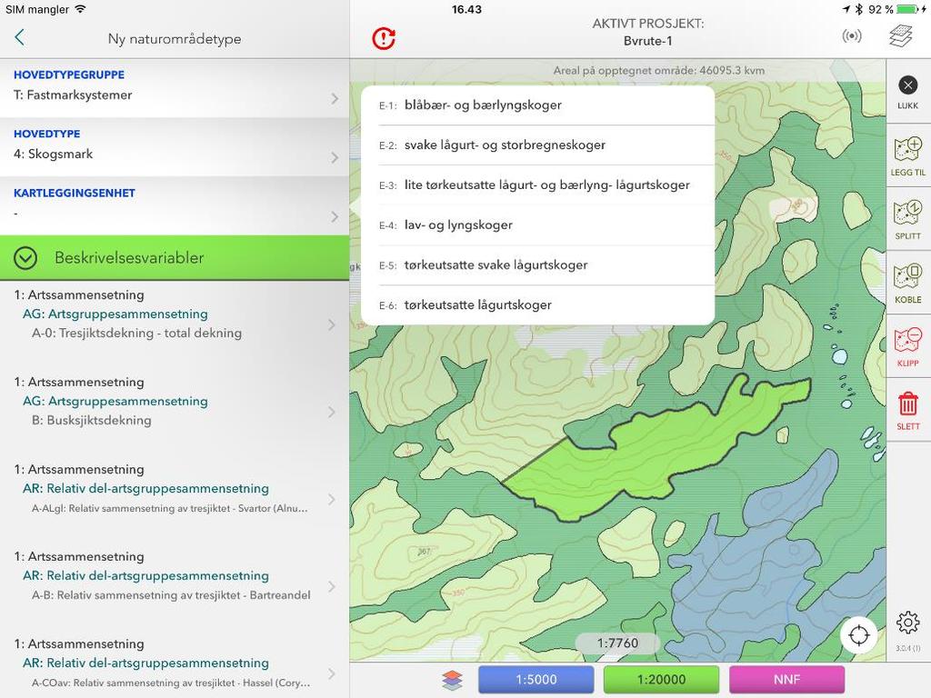 Når hovedtype er valgt, kommer tilgjengelige beskrivelsesvariabler opp i appen.