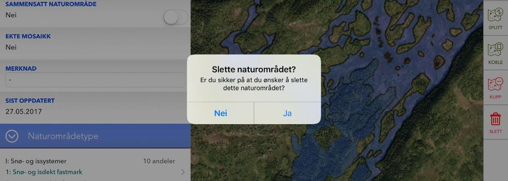 6.5.2 Slette et naturområde Du kan slette et område ved å velge det og trykke på Slett. Området slettes i sin helhet, altså både geometri og egenskaper.