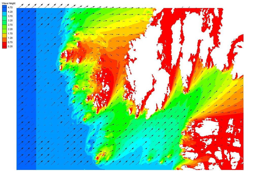 Figur 17. Bølgjerefraksjonsanalyse med STWAVE modellen for området Sognesjøen og Solund. 5.