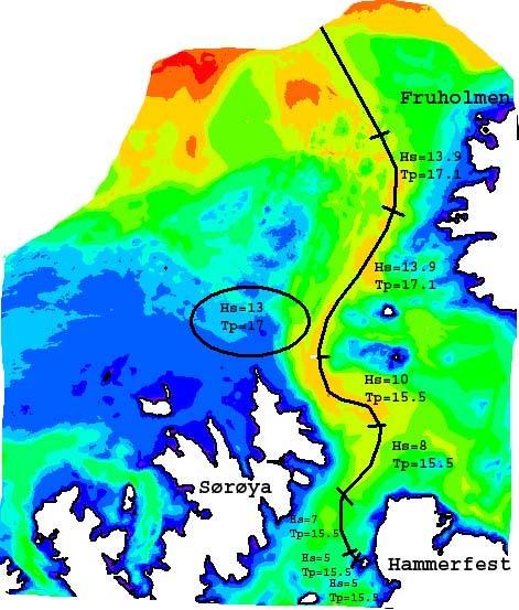 Tabell 1. Ekstreme verdiar for H s for kvart segment (sone) av røyrleidningen basert på offshore sjø frå sektor 225-105 og med 100-års returperiode.