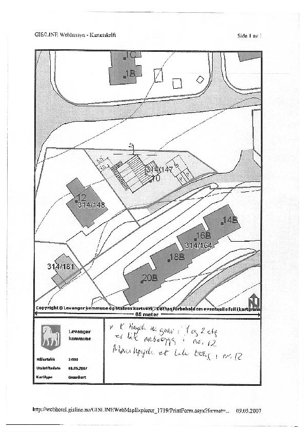 Innherred samkommune - Plan-, byggesak-, oppmåling- og miljøenheten Side 5 av 6 Situasjonskart som fulgte byggemeldingen Innmålt bolighus (takutstikk) Det medfører riktighet at huset ikke står