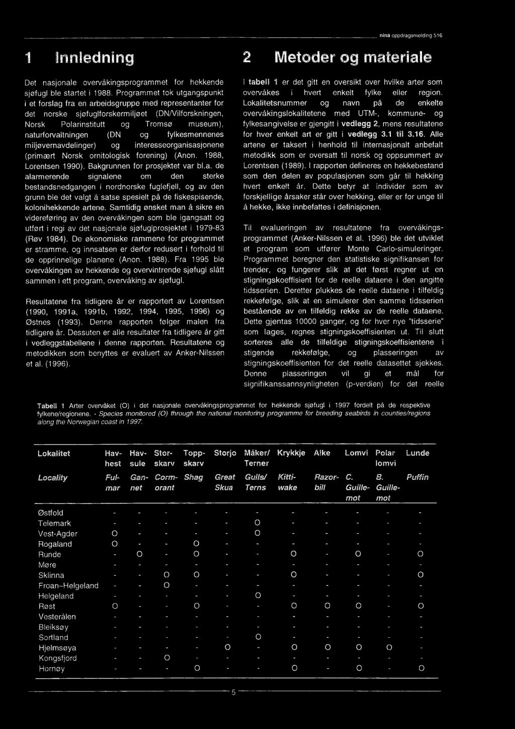 isasjonene (primært Norsk ornitologisk forening) (Anon. 1988, Lorentsen 1990). Bakgrunnen for prosjektet var bl.a. de alarm erende signalene om den sterke bestandsnedgangen i nordnorske fuglefjell, og av den grunn ble det valgt å satse spesielt på de fiskespisende, kolonihekkende artene.