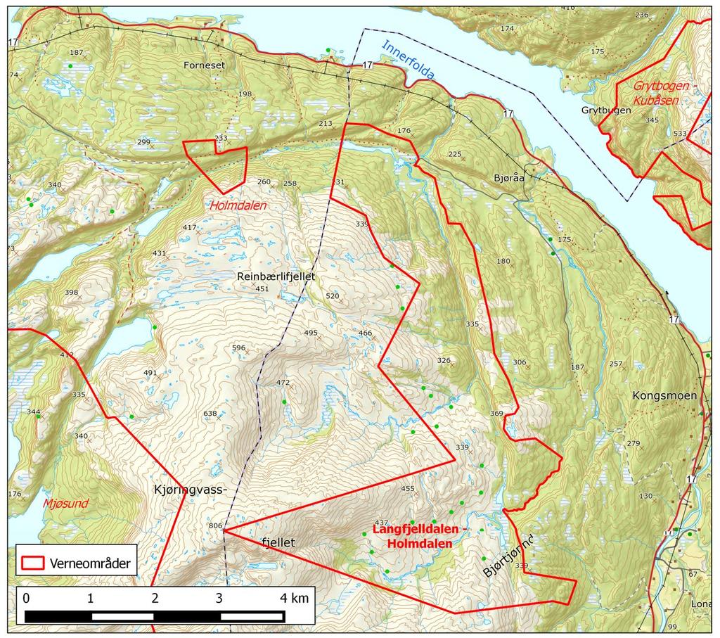 Figur 1. Langfjelldalen-Holmdalen naturreservat i Høylandet kommune. 1.2.2 Vegetasjon Langfjelldalen er et skogkledd dalføre med rik bergrunn, og dermed rike vegetasjonstyper.