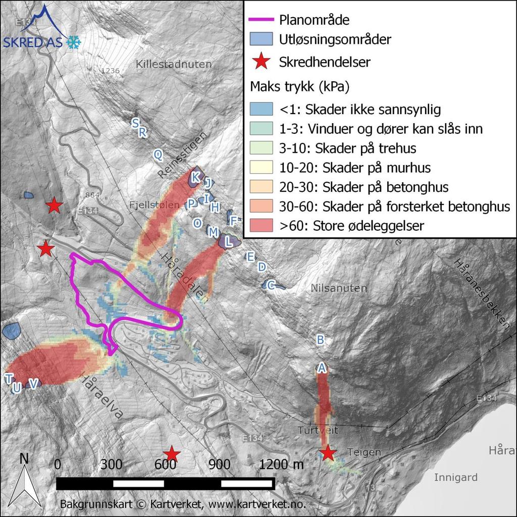 - Snøskred fra utløsningsområde K og fra områdene rundt kan i helt spesielle tilfeller nå ned forbi E134 og inn i planområdet.