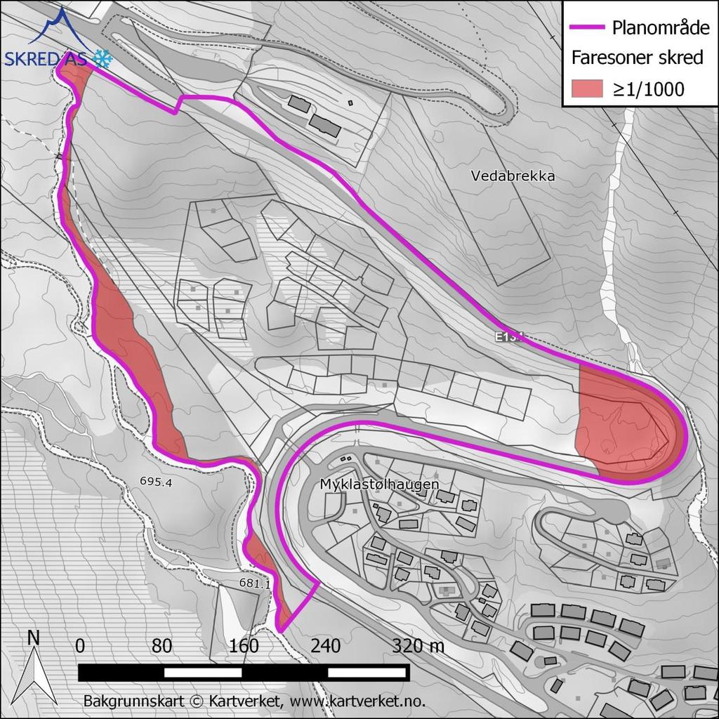 4.11 Faresoner for skred Øst i planområdet er dimensjonerende skredtype snøskred fra de mindre forsenkningene mellom Reinsstigen og Nilsanuten.