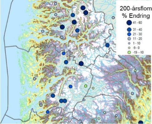 Figur 12: Prosentvis endringer i flomstørrelser frem mot år 2100, NVE (2016). 5.3.4 