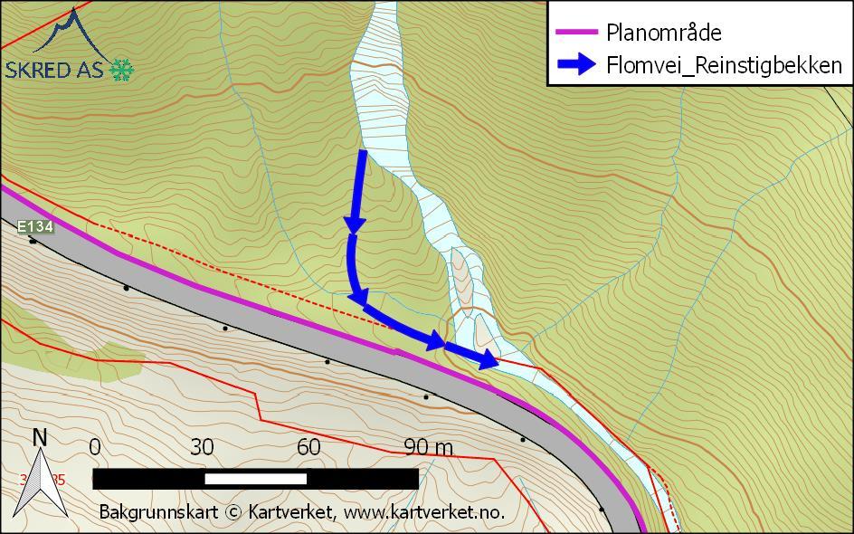 Figur 16: Flomløp til Reinstigbekken oppstrøms planområdet og E134. 5.4.3 Bekk 1 og Bekk 2 Bekk 1 og Bekk 2 føres to i stikkrenne under E134 rett oppstrøms planområdet.