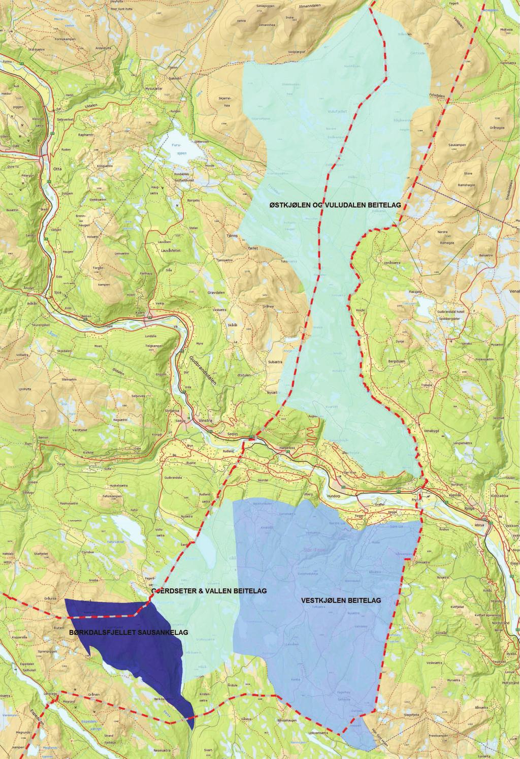 Kart 1 Sau og lam på utmarksbeite, pr km2 i 2012, fordelt på beitelag i Sør-Fron