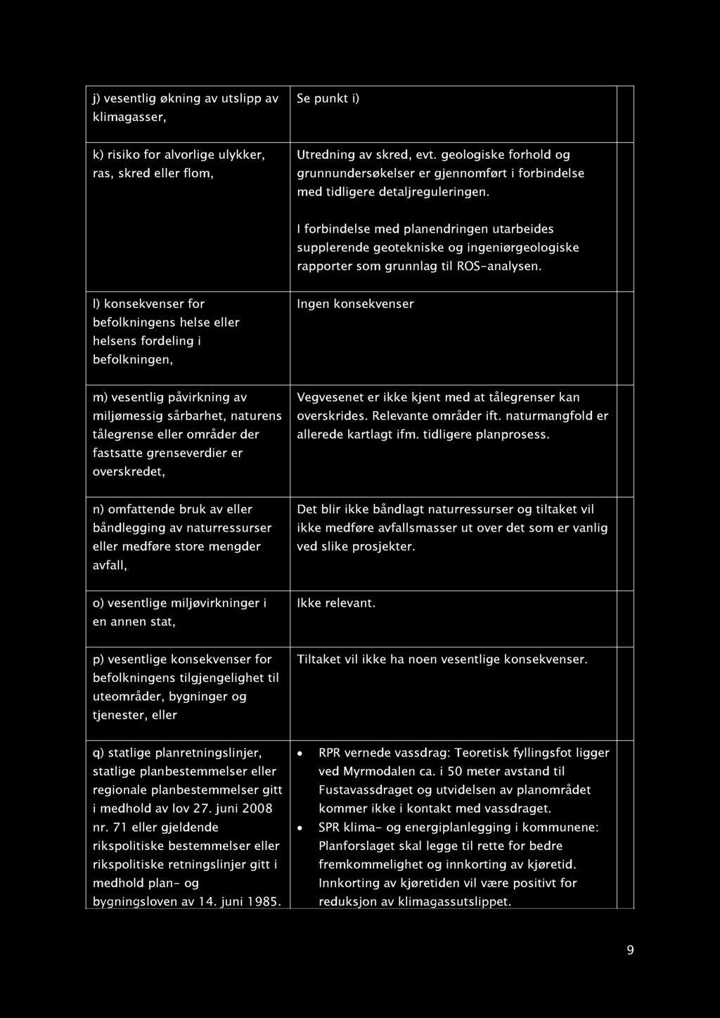 j) vesentlig økning av utslipp av klimagasser, Se punkt i) k) risiko for alvorlige ulykker, ras, skred eller flom, Utredning av skred, evt.