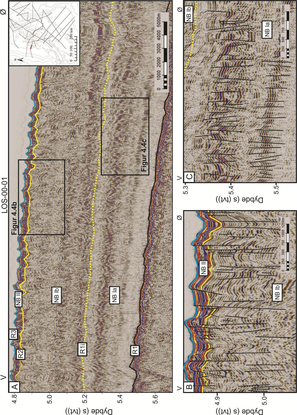 Resultater Norskebassenget Figur 4.4. A) Oversikt over den kenozoiske lagpakken i den sørvestlige provinsen av Norskebassenget hvor hele den sedimentære sekvensen er forkastet.