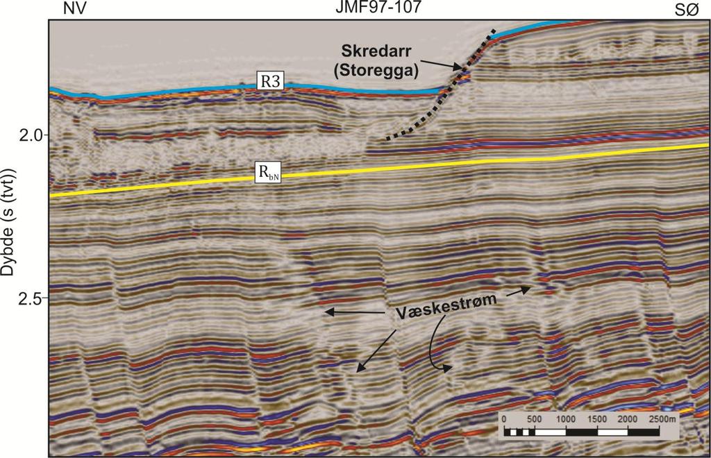 Resultater Mørebassenget Figur 4.56. I sedimentene like under storeggaskredet er det tegn til væskestrøm langs forkastningsplan. Lokaliteten til det seismiske profilet er vist på Figur 4.55.