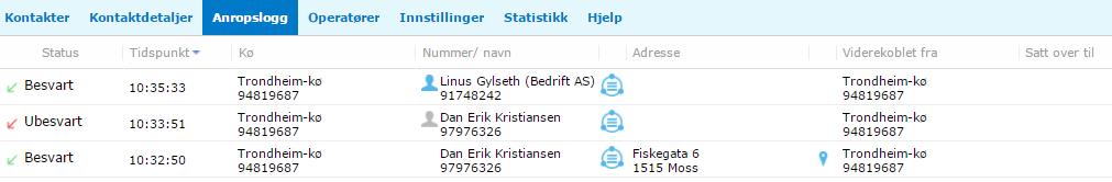 4.3. Anropslogg Arkfanen Anropslogg viser historikken på samtalehåndteringen på det enkelte sentralbordet. Anropslisten inneholder de 200 siste anropene til/fra operatøren.