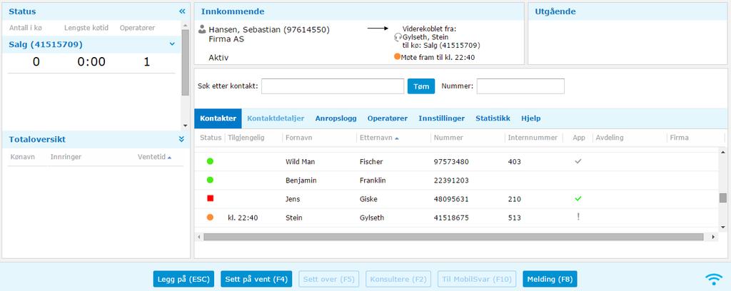 5. Eksempel på bruk av Mobilt Sentralbord Avansert I dette kapitlet vises et eksempel på hvordan en operatør kan sette over en innkommende samtale. 5.1.