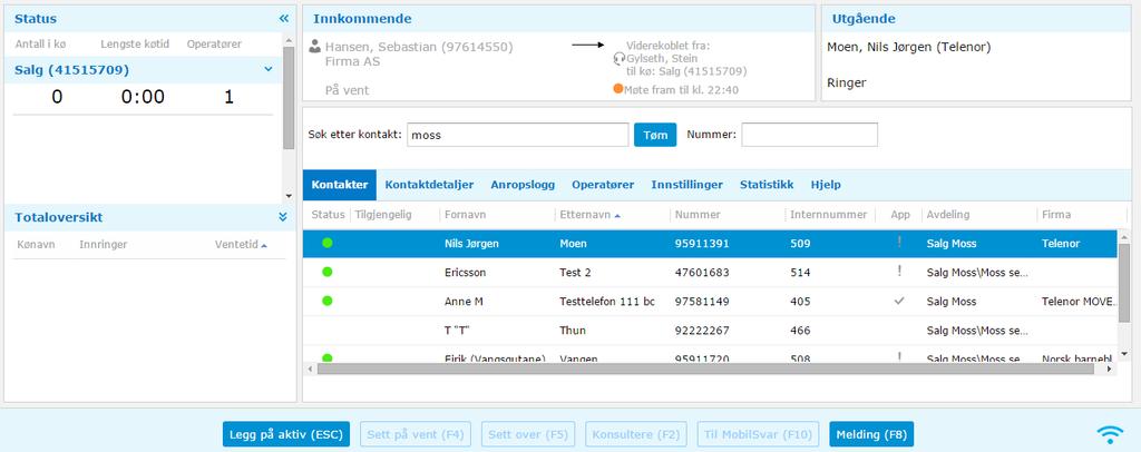 Operatøren ser Nils Jørgen Moen i Moss er ledig (grønt ikon), og ønsker først å spørre (konsultere) om han kan ta imot samtalen fra Sebastian Gylseth (se neste kapittel) 5.3.
