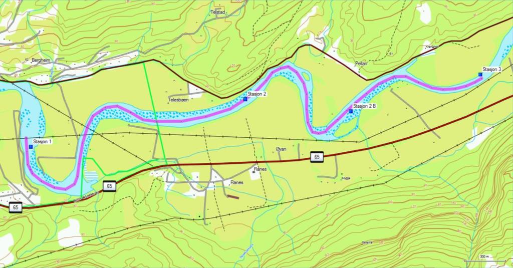 Lilla linjer indikerer den tre kilometer lange undersøkte strekningen ved Røv (øverst) og den fem kilometer lange