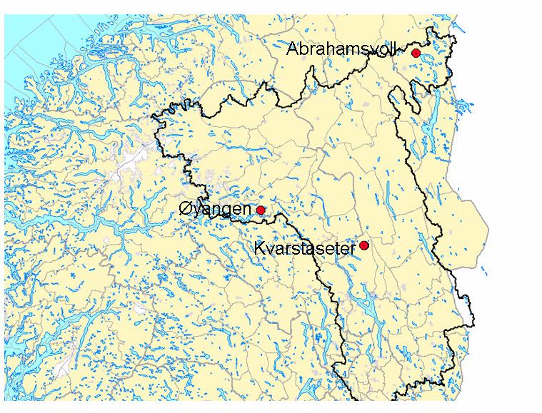 2 Stasjonsbeskrivelser 2.1 Beliggenhet Figur 2-1 viser oversiktskart over Glommavassdraget med de tre stasjonene Abrahamsvoll, Øyangen og Kvarstadseter.