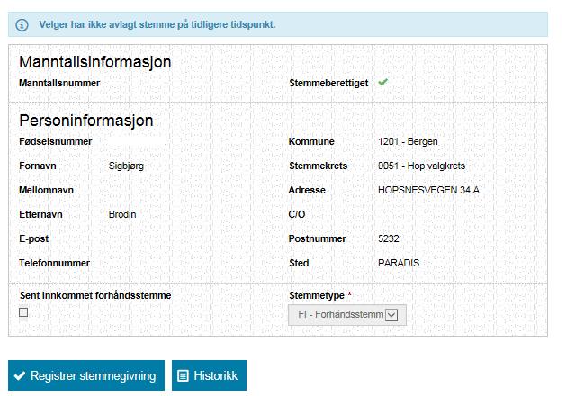 Alle opplysninger om velgeren vil automatisk dukke opp i skjermbildet. Sjekk mot legitimasjon.