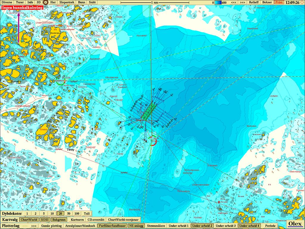 Fig. 2 Anleggsplassering med dybdekvoter fra Olex kart. Lokaliteten Hysvær er planlagt i et område som er uplanlagt i Vega kommunes kystsoneplan.
