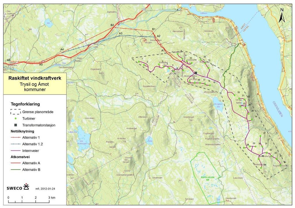 2.2 Kort om tiltaket Austri Vind DA planlegger et vindkraftverk med total installert effekt på inntil 110 MW på Raskiftet vindkraftverk på vestsiden av Osensjøen i Trysil og Åmot kommuner se Figur 1.