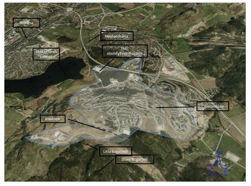 Figur 24: Bogafjell (caseområdet innrammet), bearbeidet kart fra Sandnes kommune (2010) Figur 25: Til venstre; Bogafjell i froskeperspektiv og til høyre; fra toppen av